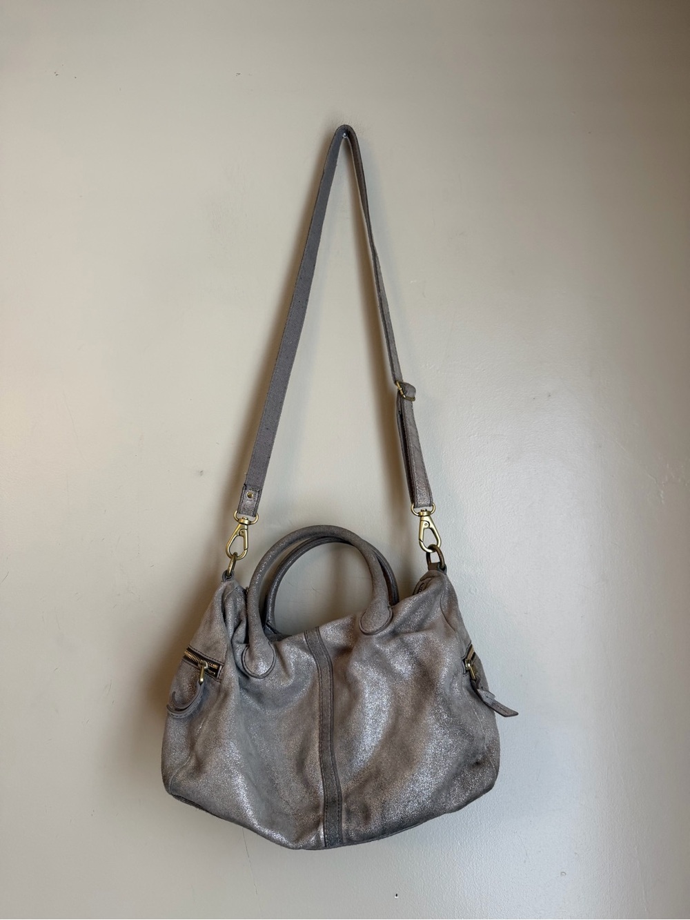 Fossil Metallic Bronze Satchel Double Handles Detachable Strap Slouchy Grunge - Picture 2 of 11